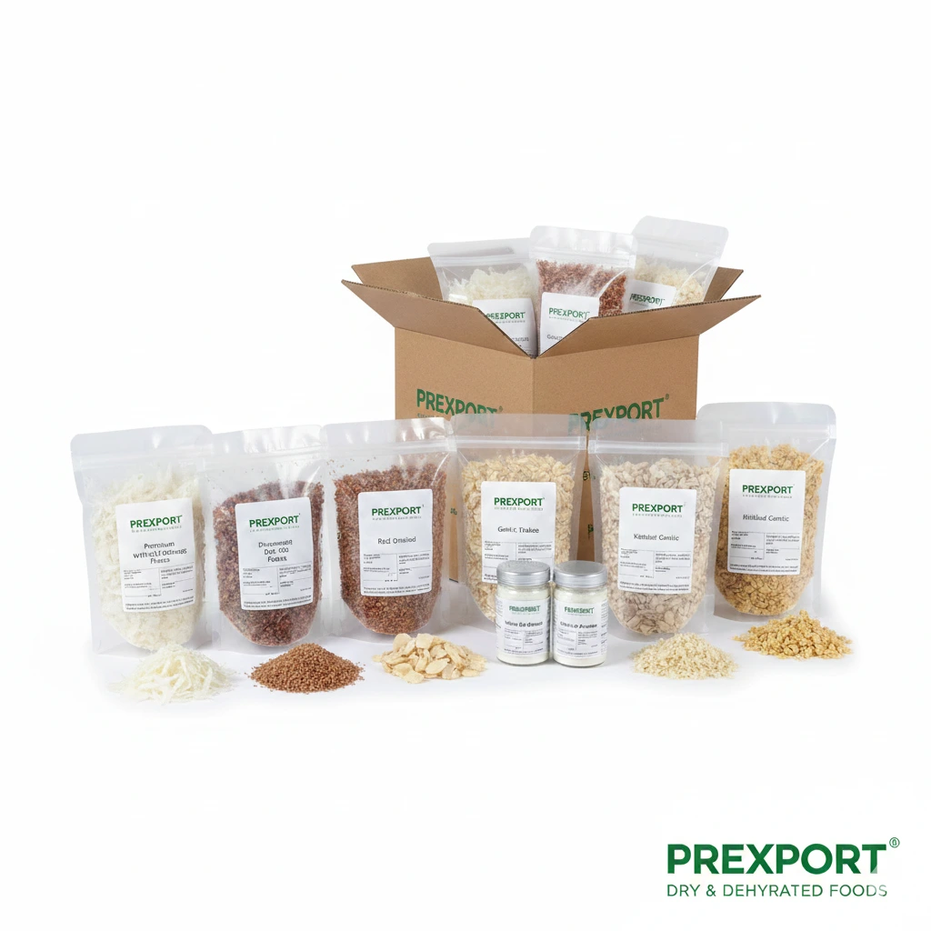Bulk dehydrated white onion flakes and garlic powder for international export by PRexport.