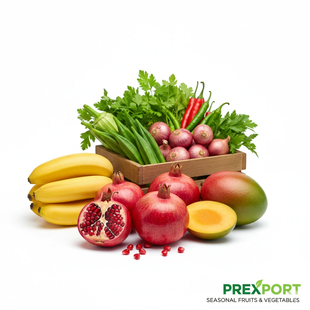 A premium selection of farm-fresh Indian vegetables and fruits prepared for international export by PRexport.